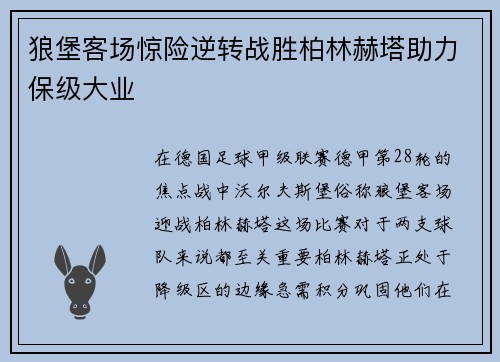 狼堡客场惊险逆转战胜柏林赫塔助力保级大业